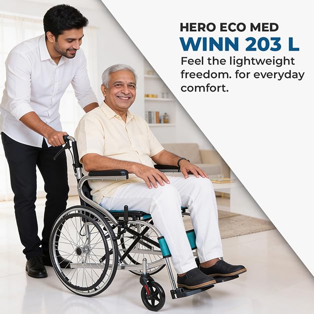 Image of Hero Ecomed Winn 203 L | Lightweight Manual Aluminium Wheelchair | Foldable Frame | Flippable Backrest | Propelling Ring | Easy Portable Wheelchair For Patients & Elderly | 100 kg Capacity