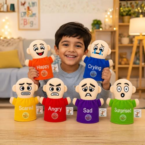 Image of Emotions Hand Puppets for Kids (Pack of 6) | Happy, Crying, Angry, Sad, Scared & Surprised Emotion Puppets | Educational Learning Toy | Feelings & Social Emotional Learning.
