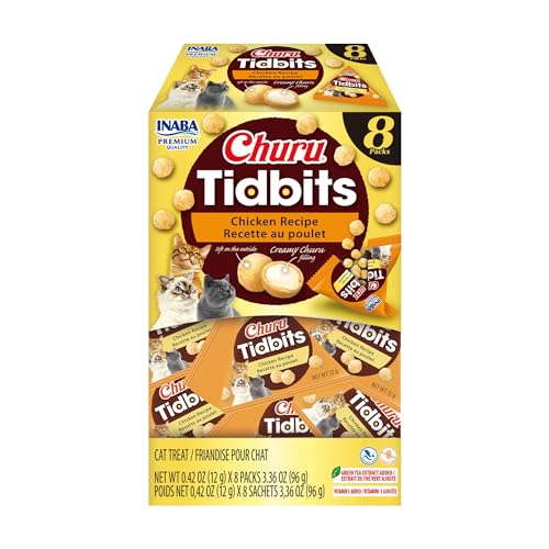 INABA Churu Tidbits for Cats Soft & Chewy Churu Filled Baked Chicken Cat Treats with Taurine & Green Tea Extract 0.42oz per Pack 8 Packs Total Chicken Recipe