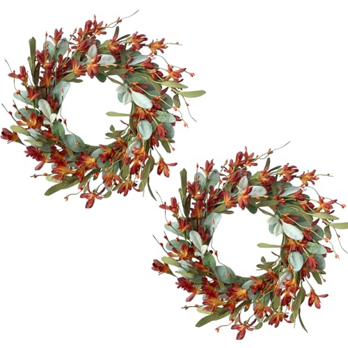 15 Inches 2 Pcs Fall Wreaths for Front Door Artificial Autumn Wreath with Forsythia Flowers Greenery Leaves Orange Berries for Outside Indoor Wall Window Festival Thanksgiving Fall Harvest Decor