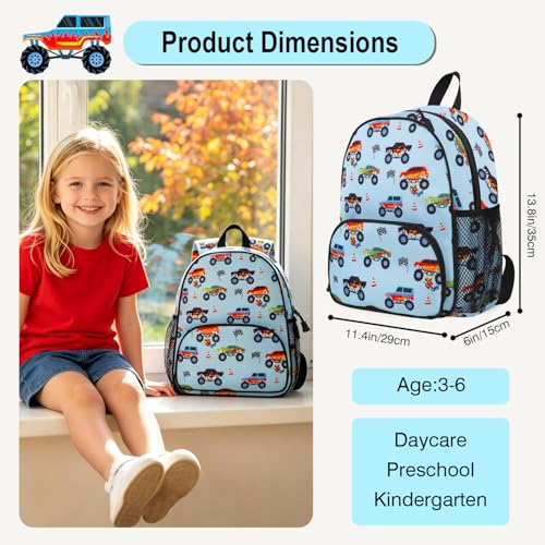 Image of Kids Boys Backpack 4-6: Toddler Bag for Travel Preschool Kindergarten, Kids Monster Truck Backpack
