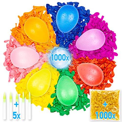Belmalia 1000 Bombas de Agua | Pack Mega Relleno | Globos de Agua Que Cierren Automáticamente | 5X Tubos de Rellenar & 1000 Bandas de Goma