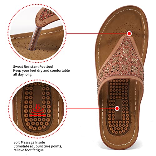 Ecetana Womens Sandals Flip Flops For Women With Arch Support Cushion Summer Casual Rhinestone Wedge Sandal Shoes Massage Function Rose #TOP3