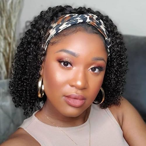 Image of Headband Wig Human Hair Kinky Curly for Black Women 12 Inch Natural Colour | Deep Curly Human Hair Wigs None Lace Front Wig,Brazilian Virgin Hair,Glueless Wear Go Beginner Friendly, Quick Install