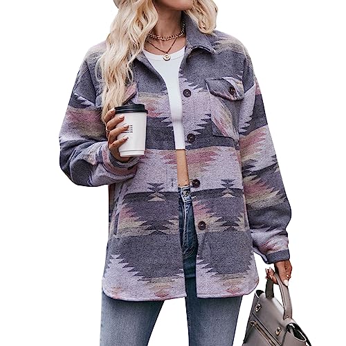 Womens Shackets Fashionn 2024 Aztec Print Button Down Shirt Jacket Tweed Outfit Pea Coat Winter Fall Warm Outerwear