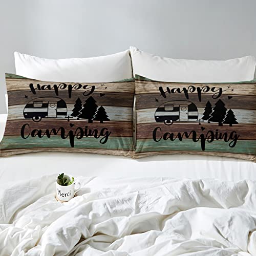 richhome Camping Rustic Duvet Cover Double Size 3 Pcs Wild Trees Cartoon RV Decor Bedding Set for Kids Teens Adults Retro Green Brown Stripes Western Style Comforter Cover with 2 Pillowcases - Image 4