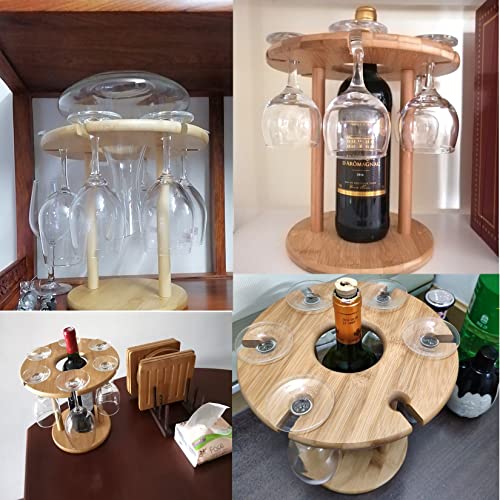 Soporte de vino de bambú para mesa, 1 botella y 6 copas miniatura 7