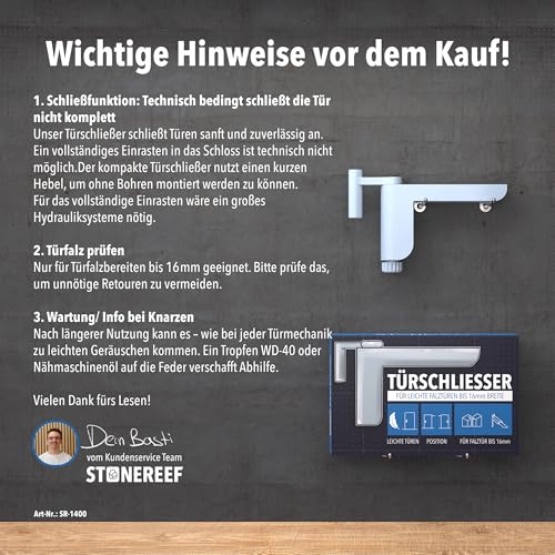 Türschließer für Zimmertüren [für Türen bis 16 mm Falzstärke] ohne Bohren montierbar, variabel einstellbare Schließkraft – für Links- u. Rechtsanschlagtüren – Türdämpfer