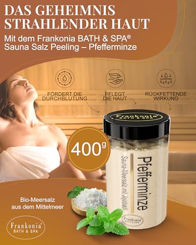 Frankonia BATH & SPA Sauna Salz Peeling Pfefferminze – 400 g Meersalz-Körperpeeling mit Jojobaöl & Vitamin E – Dusch- & Body Scrub für alle Hauttypen – Vegan & ohne Parabene – ohne Microplastik