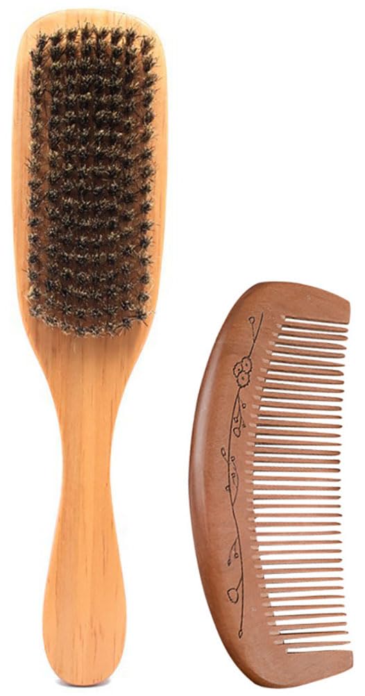 Wooden Boar Bristle Brush and Comb Set for Women and Men - Paddle Hairbrush for Smoothing Fine Thin Hair, Peach Wood Comb for Detangling - Makes Hair Shiny and Soft