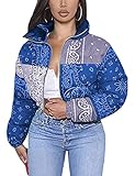 Bianstore Women's Bandana Print Crop Puffer Jacket Stand Collar Long Sleeve Bubble Coat(Blue-XL)