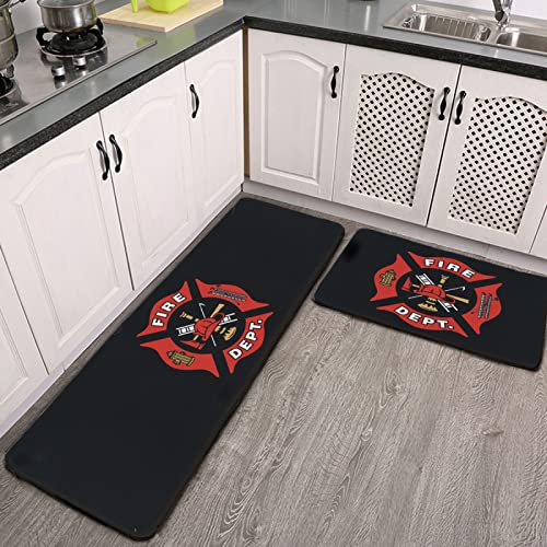 YouTary Firefighter Fire DEPT. Logo Rescue Pattern Kitchen Rug Set 2 PCS Floor Mats Washable Non-Slip Soft Flannel Runner Rug Doormat Carpet for Floor Home Bathroom, 17