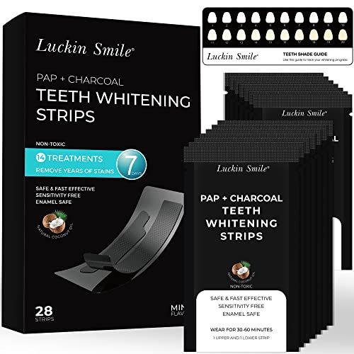 Charcoal Teeth Whitening Strips, Non- Sensitive 28 Whitening Strips, 14 Teeth Whitening Sessions, Activated Charcoal + 12% Pap Teeth Whitening Strips, Professional & Fast-Result Teeth Whitening Kit.