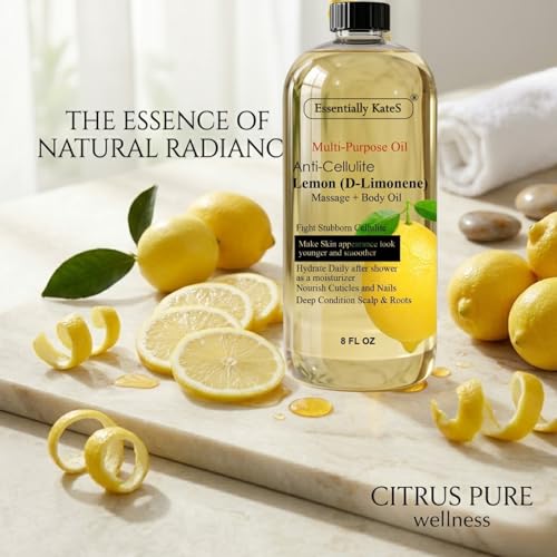 Image of Essentially KateS Lemon (D-Limonene) Massage Lotion Body Oil Multi-Purpose Oil 8 Fl Oz - Cellulite Massage, After-Shower Moisturizer, Hair Scalp Conditioning, and Nail & Cuticles Nourishing