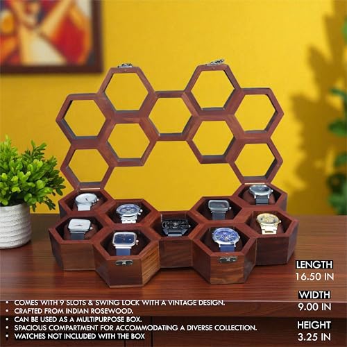 Image of Vintage Wooden Watch Box for Men, Timepiece Display Case, Honeycomb Watch Storage & Organizer, Jewlery Box for Women, Anniversary Gift For Husband (9 Compartments)