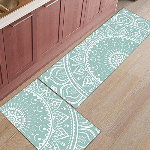 Idowmat 2 Pieces Non-Slip Microfiber Kitchen Rugs, Washable Dirt-Proof Mat Kitchen, Light Teal Mandala Pattern Kitchen Rugs And Mats Sets, Soft Absorbent Kitchen Floor Mats (15.7"X23.6"+15.7"X47.2") #TOP15