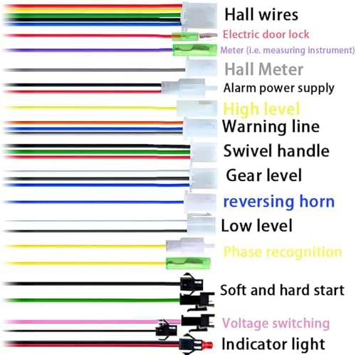 Wiring diagram for the brushless motor controller showing connections for Hall wires, electric door lock, meter, alarm power supply, high/low level, swivel handle, gear level, reversing horn, phase recognition, soft/hard start, voltage switching, and indicator light.