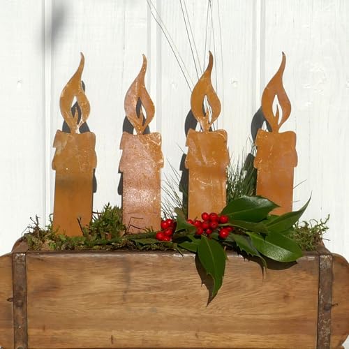 Storm's Gartenzaubereien Rostige Kerzenflamme aus Edelrost 4er Set zum Stellen für die Weihnachtsdeko Bastelidee