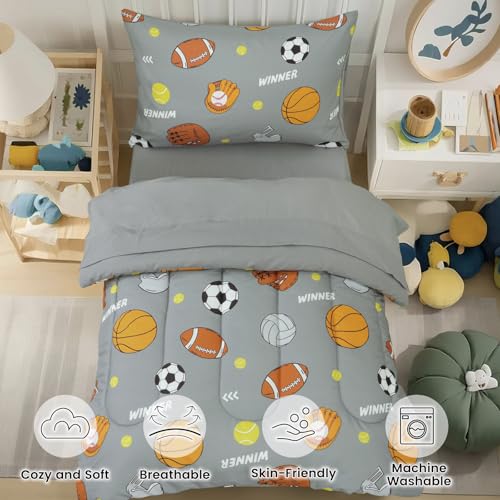 Image of david's kids 4 Piece Toddler Bedding Set - Soft Breathable Toddler Bedding Set for Boys Girls, Includes Quilted Comforter, Flat Sheet, Fitted Sheet and Pillowcase, Sports