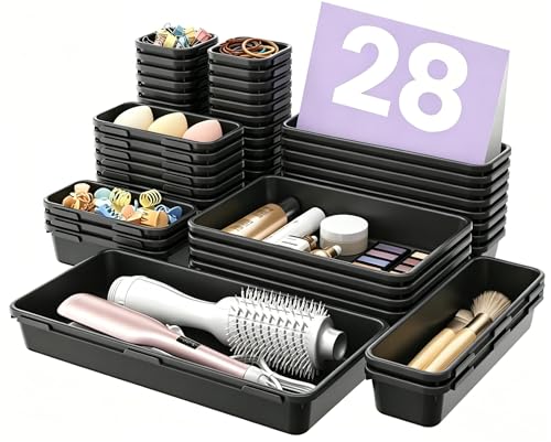 Image of A-LuGei 【Military Grade Drawer Organizer, 【𝟱𝗦𝗶𝘇𝗲】 Makeup organizer, 【Holds 177 Items】 Bathroom Organizers and Storage, Organization and Storage, Desk Drawer Organizer for Vanity (Black)