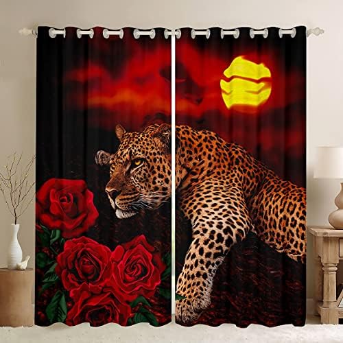 Sunset Curtains Leopard Window Drapes for Kids Adult Red Rose Floral Cheetah Print Window Curtains for Bedroom Living Room Wild Animal Theme Window Treatments Luxury Room Decor 42x63 Inches，2 Panels