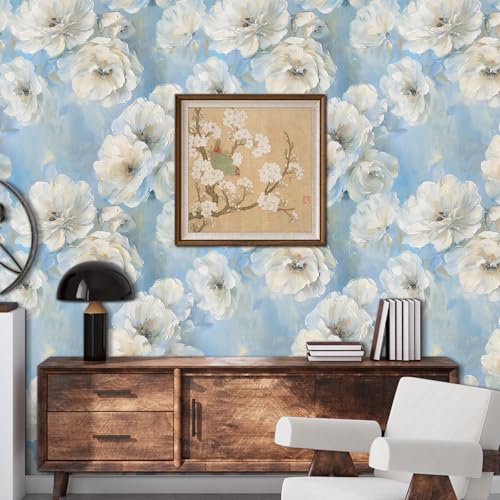 Vintage Blue Floral Wallpaper Peel and Stick Vivid Elegant White Cream Peony Flowers Oil painting Wallpaper Self Adhesive Removable for Cabinets Bathroom Contact Paper Renter friendly 17.71"x118.1" — view 4