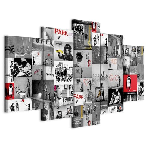 Cuadros B&D XXL - Cuadro en Lienzo Banksy 225x112 cm 5 piezas - Impresión en material tejido no tejido cuadros decoracion salon modernos lienzos - graffiti Abstracto i-C-0092-b-p Collage