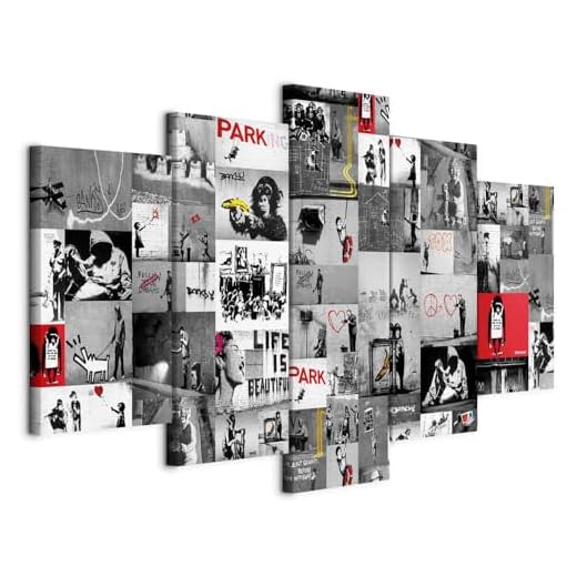 Cuadros B&D XXL - Cuadro en Lienzo Banksy 225x112 cm 5 piezas - Impresión en material tejido no tejido cuadros decoracion salon modernos lienzos - graffiti Abstracto i-C-0092-b-p Collage