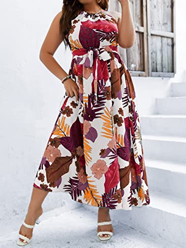 Image of Floerns Women's Plus Size Boho Sleeveless Halter Neck Tie Back A Line Long Dress