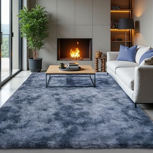 Zentavio Area Rugs for Living Room Large Rugs for Bedroom 6x9 Carpet Fluffy Fuzzy Soft Shag Aesthetic Plush High Pile Gray Throw Rug for Nursery Kids Room Dorm Tie-Dyed Blue Grey