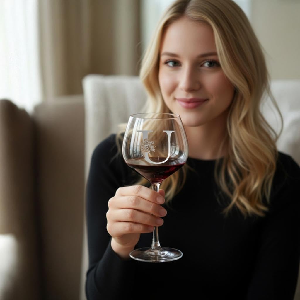 Personalized 16 oz Wine Glass for Women, Custom Monogram Initial U, Engraved Wine Glass Gift for Her, Mom, Wife, Sister, Friend – Birthday, Christmas, Valentine’s Day - Image 3