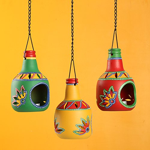 Image of ExclusiveLane EL-008-117 Terracotta 'The Bottle Trio' Living Room Decorative Light Votive Candle Stand (10.4 x 10.4 x 16.8 cm, Dark Green, Sunlight Yellow & Crimson Red) - Set of 3