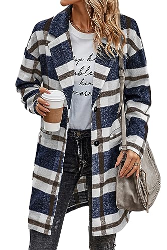 PRETTYGARDEN Women Plaid Shacket Jacket Trendy Fall Casual Button Wool Blend Tartan Trench Coat Winter Clothing with Pockets