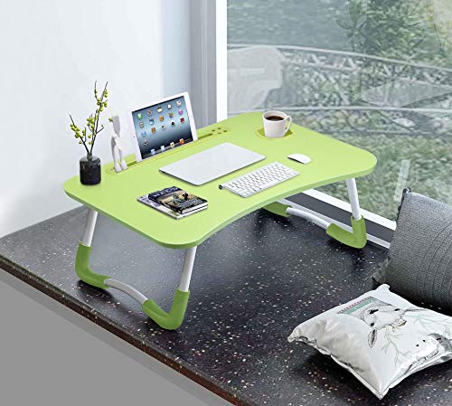 Image of Slendor Foldable Lap Desk with Cup Holder for Bed, Couch, Floor | Portable,with USB Light, Fan, Pen Holder,Tablet Holder,for Laptop,Writing,Eating, Green