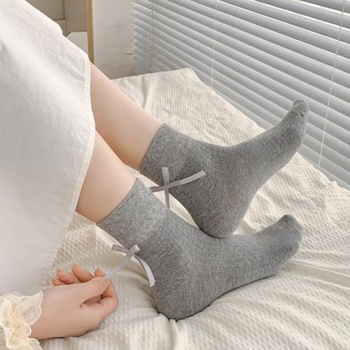 Image of Women's Bow Crew Socks - Cotton Sweet Lolita Dress Breathable Soft Girls' Socks - 3 Pairs