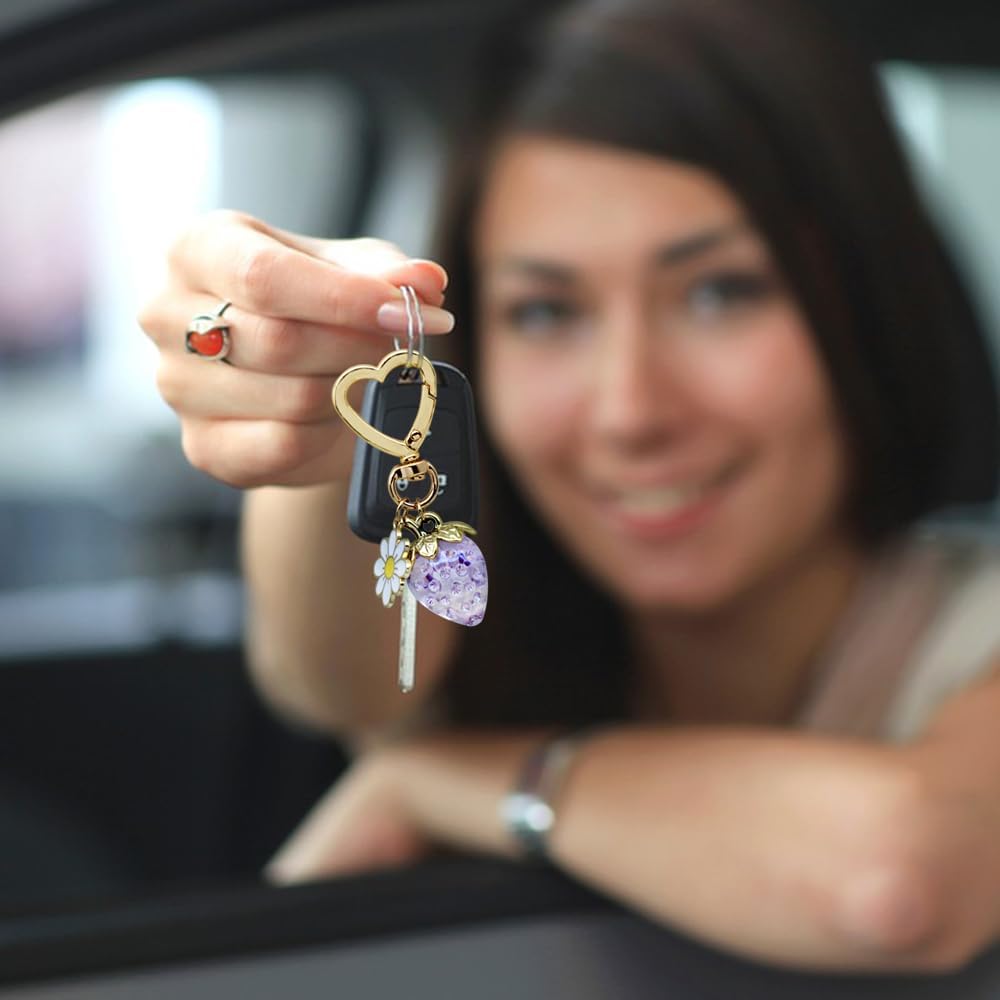 3Pcs Strawberry Keychain, Cute Strawberry Heart-Shaped Flowers Keyrings Daisy Keychain Accessories for Girls Purse (Red Blue Purple) - Image 7