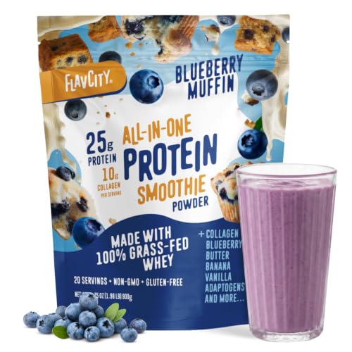 FlavCity All in One Protein Shake Powder Blueberry Muffin - On the Go Meal Alternative + Collagen Peptides Reishi & Cordyceps - Focus Skin Hair & Joint Support - 100% Grass Fed Whey 20 Servings
