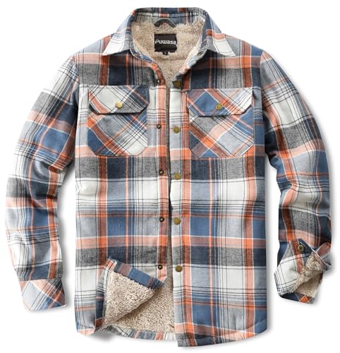 Image of Men's Sherpa Cotton Flannel Shirt Jacket Plaid Button Coat Pocket