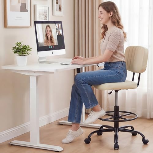 Image of DUMOS Armless Drafting Chair, Low Back Office Seat with Adjustable Footrest Ring for Standing Desk, Ergonomic PU Leather Office Seating, Swivel Rolling High Stool for Studio, Lab, Counter, Beige