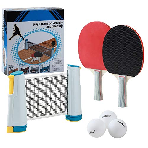 Ping Pong Net Table Tennis - Win SPORTS Paddle Set with Retractable Net,Play Anywhere Ping Pong Net for Any Table,2 Table Tennis Paddle& Rackets,3 Balls,Storage Case