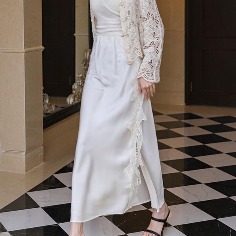 Gonne Midi in Raso da Donna con Spacco Laterale, Elastico in Vita, Vita Alta, Eleganti Gonne in Pizzo Patchwork, Elegante Abito da Sera per Uscite, Ufficio, Vacanze