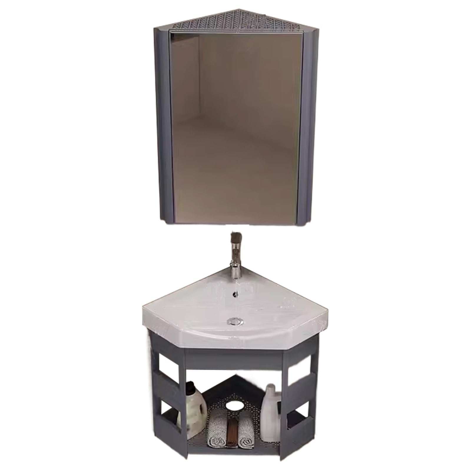 Bad Eckschrank Hängend Klein, Badezimmerschrank mit Spiegel und Waschbecken, Weltraumaluminium HD-Sspiegel, für Badezimmer(Gray,38CM)