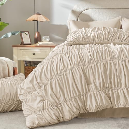 Image of Andency Ruched Full Size Comforter Sets Beige, 7 Pieces Ruffle Bed Set in a Bag, Shabby Chic Pleat Bedding Set with Comforter, Sheets, Pillowcase & Sham, Lightweight, Soft, All Season