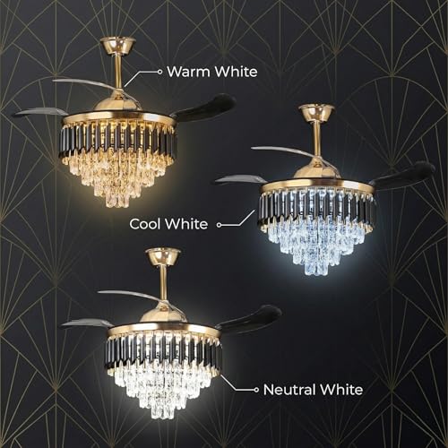 Image of Desidiya 42 inch Crystal Retractable Ceiling Fan with Light & Remote, Gold | with Retractable Blades, Remote, 6 Speeds & 3 LED Color Modes
