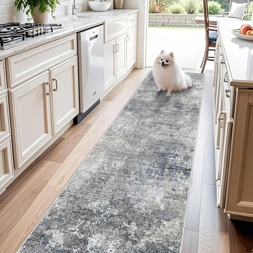 3x10 ft Long Hallway Runner Rug – Non-Slip Washable Kitchen Floor Rug with Rubber Backing, Modern Low Pile Thin Wide Carpet Runners for Bedroom, Entryway Indoor(Blue Grey,3x10)