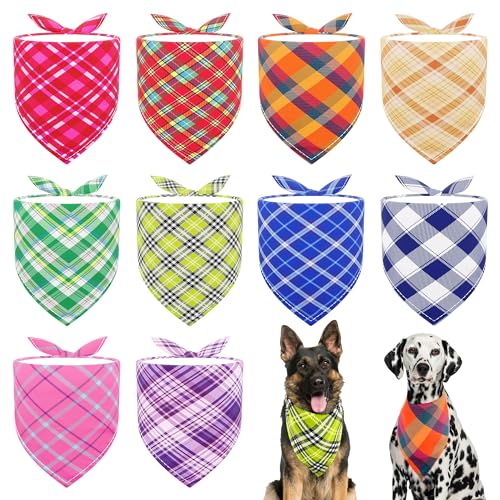 JpGdn 10PCS Large Dog Bandanas Plaid Large Breed XL for Extra Large Dog Big Bandanas Pack Kerchief Washable Triangle Bibs Head Scarves Scarfs Random Patterns for Boys and Girls Grooming Accessories