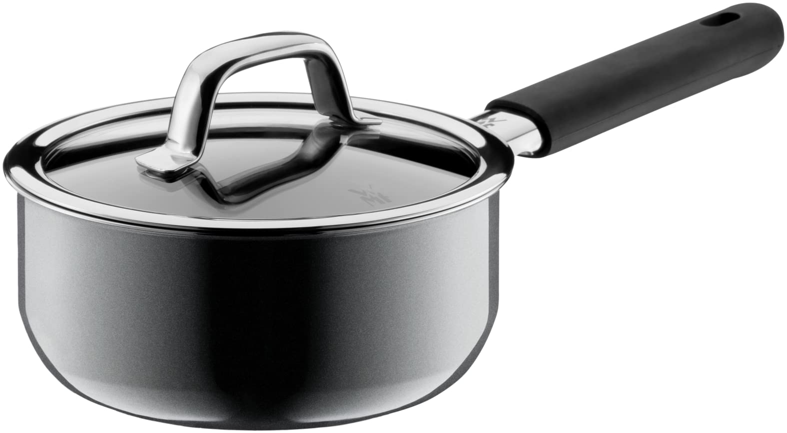 WMF Fusiontec Mineral Stielkasserolle mit Glasdeckel 16 cm, Kochtopf klein 1,3l, Induktion, High-Tech Keramik, Silikonhülle, kratzfest, grau