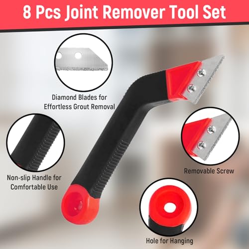 Fugenentferner Werkzeug, 8 Stück Fugenkratzer Fliesen Fliesenfugen Handsäge, abgewinkelter Fugenreiniger, mit 6 Ersatzklingen für die Fliesenreinigung Die Reinigung Bodenfliesen Badezimmer Küche Rot