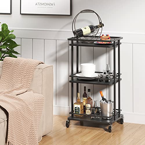 Black 3-Tier Rolling Serving Bar Cart with Wood and Metal Kitchen Storage