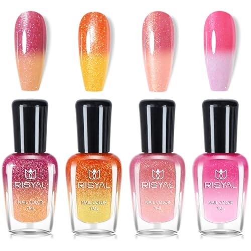 Color Changing Nail Polish Sets 4 Colors,Temperature Glitter Pink Orange Nail Varnish Set,Rainbow Colour Mood Chameleon Long Lasting Glossy Nail Polish Kit - Without Use UV Lamp